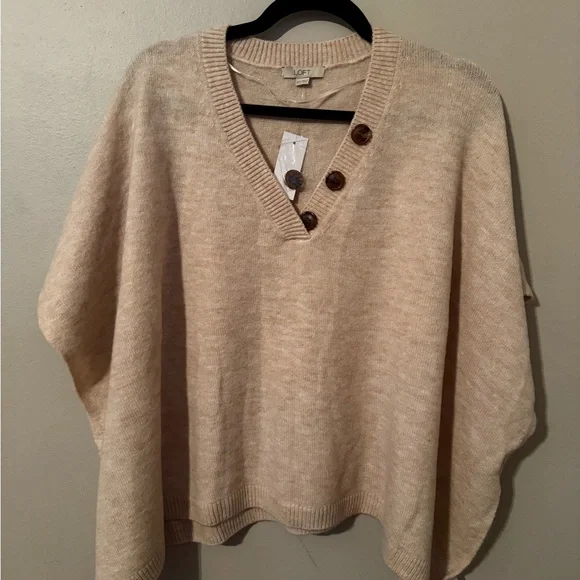 LOFT Cream V-Neck Poncho with Button Accents - Picture 1 of 3